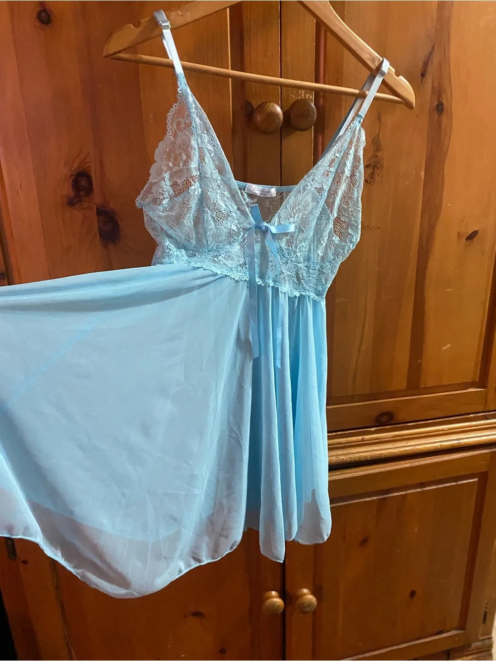 Light Blue Lace & Chiffon Chemise with Bow - Women Intimates